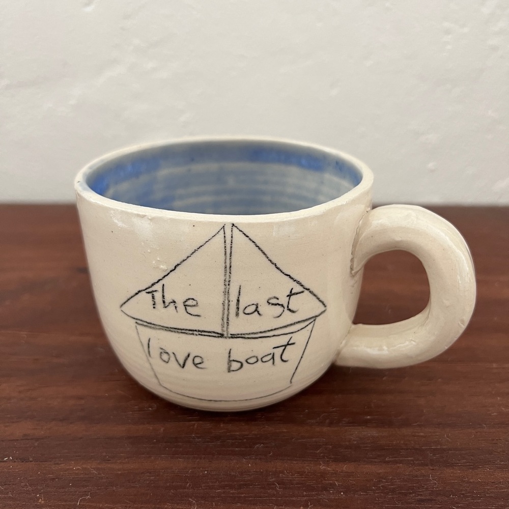 Vintage handmade ceramic nautical wabi sabi mug cup blue white sailboat love